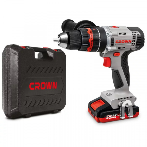 Дрель акк CROWN CT21075HMX-2 BMC (20В, 2х2,0А/ч Li-ION ударный, БЗП13мм метал, 60Нм, кейс)