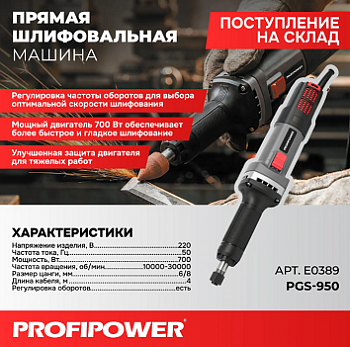 Шлифмашина прямая  Profipower PGS-950 700Вт, 10000-30000об/мин, цанга 6мм и 8мм, коробка  E0389