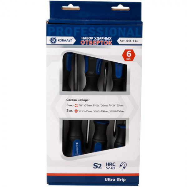 Набор отверток ударных КОБАЛЬТ Ultra Grip S2 (6 шт.) коробка 646-621