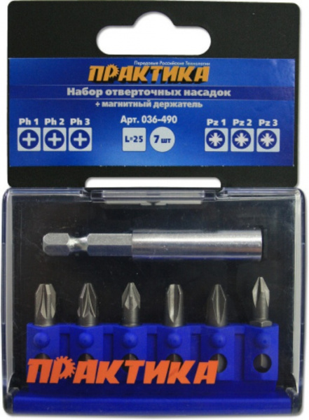 Набор бит Практика "Профи"  7шт PH1,2,3; PZ1,2,3 x 25мм, магнитный держатель, кассета 036-490