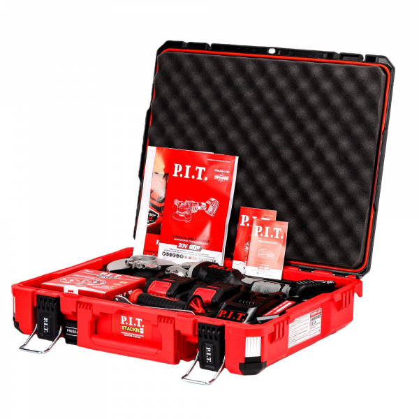 Шлифмашина угл акк бесщет P.I.T. PWS20H-125D кейс STACKIN (20В, 125мм, 3ск, 2х4,0Ач, ЗУ)