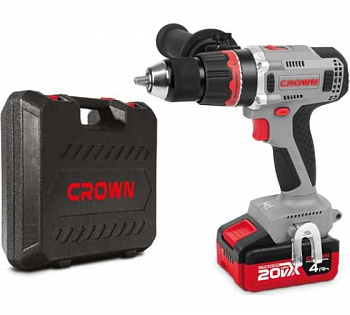 Дрель акк бесщет. CROWN CT21090HMX-4 BMC (B3+, 20В, 2акк*4,0Ач, Li-ion, 75Нм, 0-500/0-2000об/мин, БЗП металл.13мм, КЕЙС, ЗУ, поясная клипса)