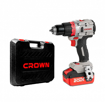 Дрель акк бесщет. CROWN CT21127HMX-4 BMC (Construction, B3+, 20В, 2акк*4Ач,50/100Нм,0-500/0-2100,БЗП 13мм,мет.13 мм,дер.38 мм, метизы10 мм,ЗУ,КЕЙС)