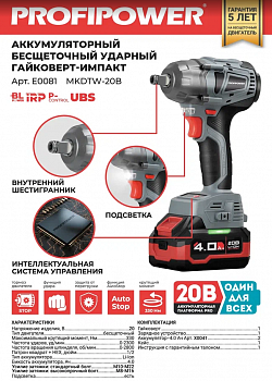 Гайковерт акк бесщет. уд. Profipower MKDTW-20B 20В,Li-ion-2шт, 4.0Ач, 330Нм, З/У, в кейсе  E0081M1  (5)