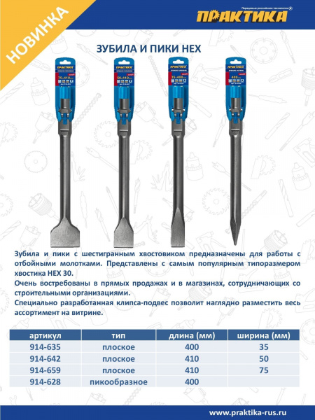 Долото HEX плоское ПРАКТИКА 30x410x75mm серия Эксперт (914-659)