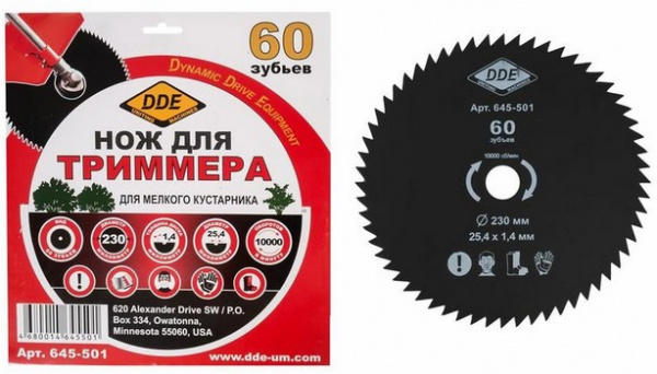 Диск для триммера DDE 60 зубов.230 х 25,4мм (толщина = 1,4 мм) 645-501