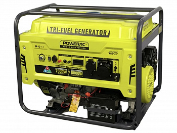 Электростанция гибрид. бенз/газ Powerac  Eco+ PR8000 «Winter» 3 в 1 (7,5/8,0кВт,220В, бак 20л,ЭЛСТАРТ,МЕДЬ,бенз/проп-бутан/природ.газ,колеса,функ.АВР)
