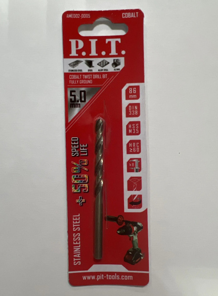 Сверло по металлу кобальтовое с титановым покрытием P.I.T. Ø5,0x86мм, М35, Со5%, 135° (AMED02-0005)
