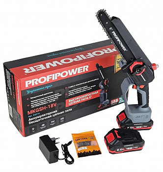 Пила цепная акк Profipower MKGSH-18V б/щет, 18В, Li-ion-2шт, 2.0Ач, шина 8", 45звеньев 20см 1/4", ЗУ, с подачей масла, коробка  Е0216  (10)