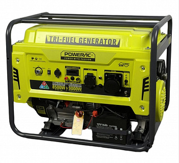 Электростанция гибрид. бенз/газ Powerac  Eco+ PR9000 «Winter» 3 в 1 (8,5/9,0кВт,220В, бак 20л,ЭЛСТАРТ,МЕДЬ,бенз/проп-бутан/природ.газ,колеса, функАВР)