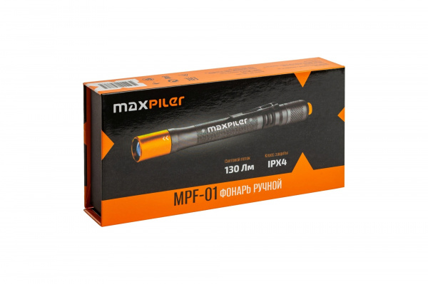 Фонарь ручной на батарейках MAXPILER MPF-01 (130/40 Лм, LED, 2хААА, 2 реж, 5-10ч, клипса, фокус.)