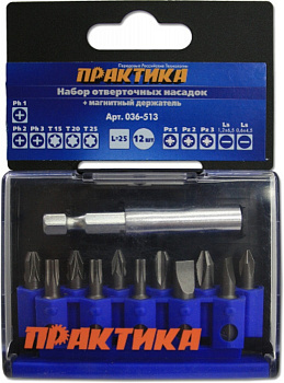 Набор бит Практика "Профи" 12шт PH 3шт PZ 3шт Torx 3шт LS 2шт x 25мм держатель, кассета 036-513