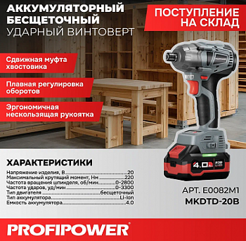 Винтоверт акк Profipower MKDTD-20V 20В,Li-ion-2шт, 4.0Ач, 220Нм,З/У, в кейсе  E0082M1  (5)