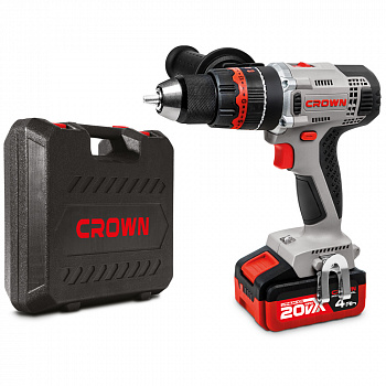 Дрель акк ударная CROWN CT21075HMX-4 BMC (B3+, 20В, 2акк*4,0Ач, Li-ion, БЗП металл. 13мм, 0-400/0-1500об/мин, 55Нм, КЕЙС, поясная клипса, доп.рук.)