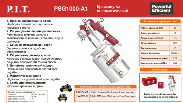 Краскопульт пневматический P.I.T. PSG1000-A1 (50PSI, сопло 1,5мм, бак 1л, краска260мл/мин, 190л/мин)