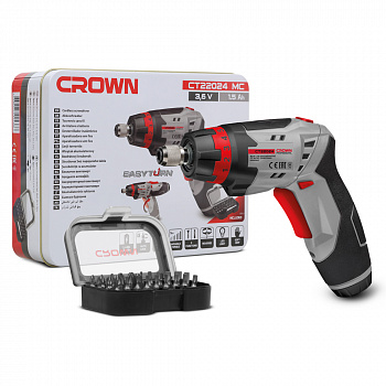 Отвертка акк CROWN CT22024 MC (3,6В, Li-ion, встр.акк.1.5Ач, 200об/мин, 3,5Нм, патрон 1/4", подсветка, МЕТАЛЛ.КЕЙС, набор бит 30шт., ЗУ, коробка)