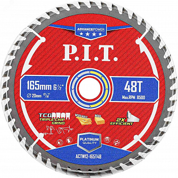 Диск пильный 160x20x1,4 P.I.T. 48T Carbide, зуб TCG 15° (ACTW12-160T48)