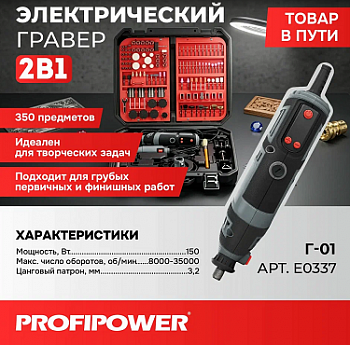 Гравер Profipower Г-01 150 Вт, 350 предметов, 2 гравера в комплекте, с гибким валом, цанга 3.2мм, 8000-35000об/мин, в кейсе  E0337 (5)