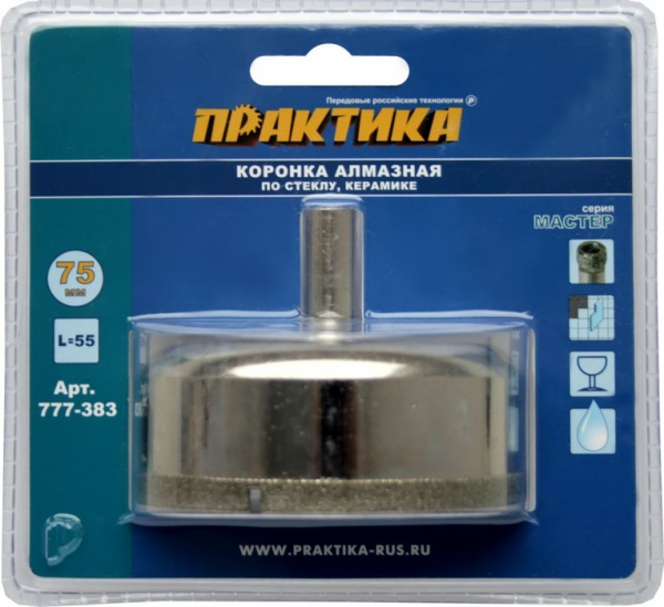 Коронка алм.Практика "Мастер"по стеклу и керамике 75мм блистер 777-383