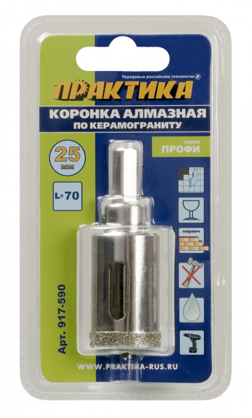 Коронка алмазная ПРАКТИКА "Профи" по керамограниту/керамике 25х70мм, пилотное сверло, (1шт) блистер