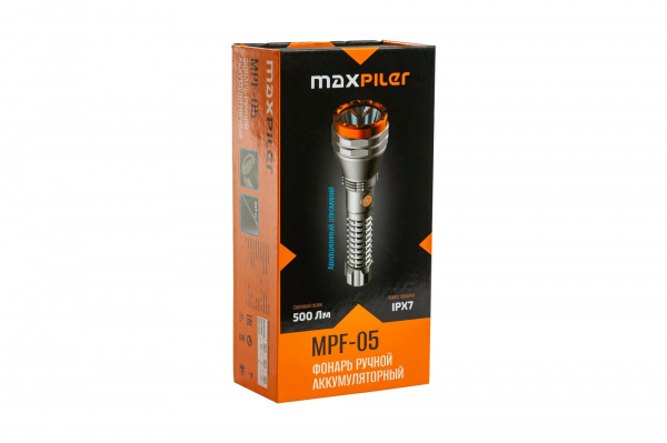 Фонарь ручной аккум. MAXPILER MPF-05 (500-125 лм, LED, 3 реж, 3,5-14ч, 3.7В/4000мАч, инд. заряда)