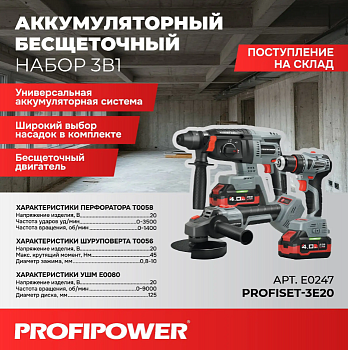 Набор инструментов акк Profipower (3 в 1) ProfiSet-3E20  20В, Li-ion-2шт, 4Ач, З/У, кейс, (E0080, T0056, T0058)  E0247М1  (3)