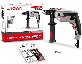 Дрель ударная CROWN CT10128 (600Вт, 0-2800об/мин, 0-44800уд/мин, ключевой патрон 13мм, коробка)