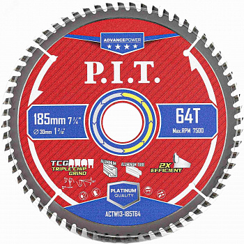 Диск пильный 185x30x2.0 P.I.T. 64T Carbide, зуб TCG 5° по алюминию (ACTW13-185T64)