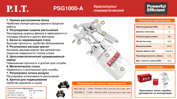 Краскопульт пневматический P.I.T. PSG1000-A (43PSI, сопло 1,4мм, бак 1л, краска 190мл/мин, 280л/мин)