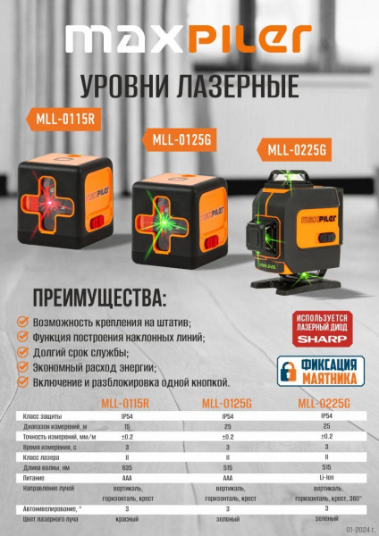 Уровень лазерный MaxPiler MLL-0225G (раб. диап.25м, зел.лазер,360°,16 лучей, фикс., резьба под штат,